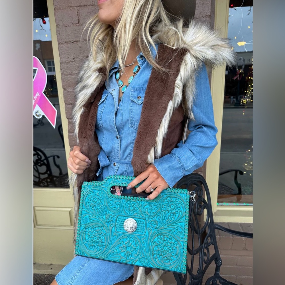 Rafter T Ranch Turquoise Embossed Leather Handbag